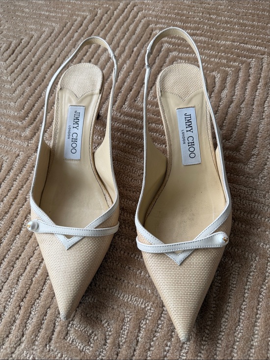 Jimmy Choo Shoes - Jimmy Choo Cream Pointed-Toe Slingback Mules with Pearl Trim